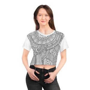 AOP Shamanic Pattern Crop Tee, Women's geometric white t-shirt, Queen of the Forest Apparel, Woman's Festival clothes,