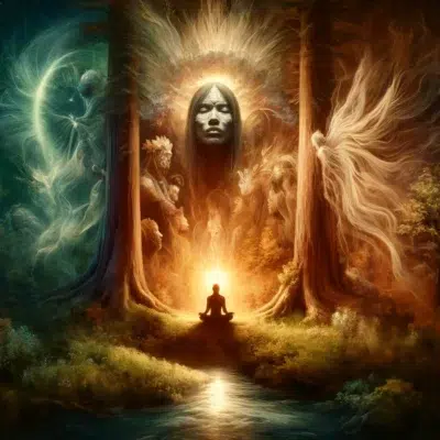 DALL·E 2025 02 24 13.03.53 A conceptual and subjective illustration representing the connection between the forest and ancestral wisdom. At the center an indigenous shaman in a Technology and Environmental Monitoring: The Eyes of the Forest and the Wisdom of the Ancestors