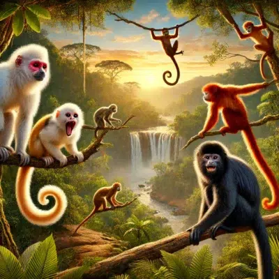 DALL·E 2025 02 27 15.43.39 A realistic illustration of various Amazonian primates in their natural rainforest habitat. The image features a white uacari with its red face a whi The Symphony of Amazonian Primates: Guardians of the Ancestral Forest
