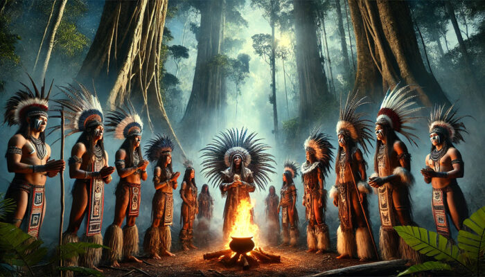 DALL·E 2025 03 17 11.15.33 A powerful and sacred depiction of Indigenous guardians of the forest standing proudly in the heart of the Amazon rainforest. The image showcases tri copiar The Guardians of the Forest: Meet the Indigenous Tribes That Keep the Tradition of Hapeh Alive