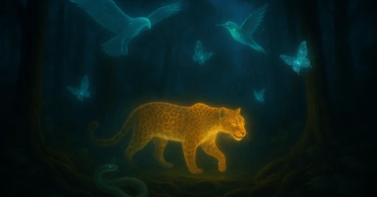 Spirit Animals in Dreams including a jaguar, eagle, snake, and hummingbird bringing healing and guidance