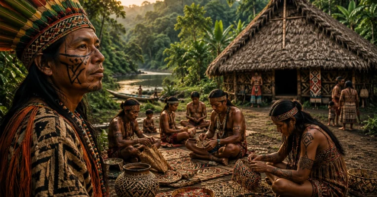 Huni Kuin tribe Indigenous people in the Amazon rainforest with sacred traditions body paint feathers and forest wisdom