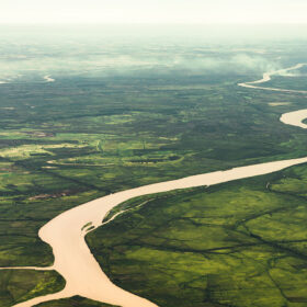 Aerial view of golden Amazon rivers winding through green rainforest, the waterways Indigenous territories depend on