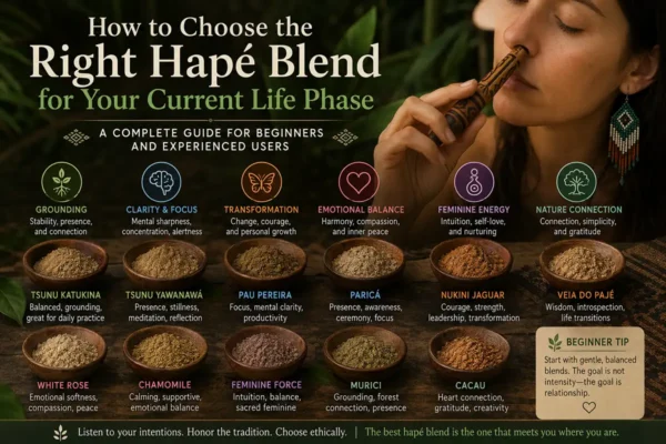 how to choose hapé blends displayed in traditional Amazonian containers surrounded by rainforest plants