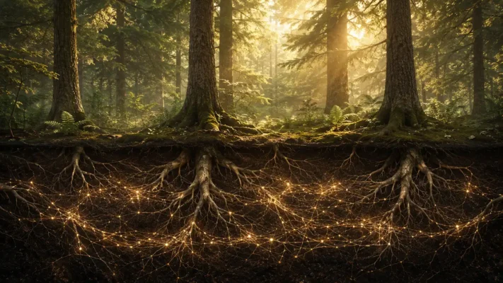 forest communication network connecting trees through underground fungal systems in an ancient rainforest