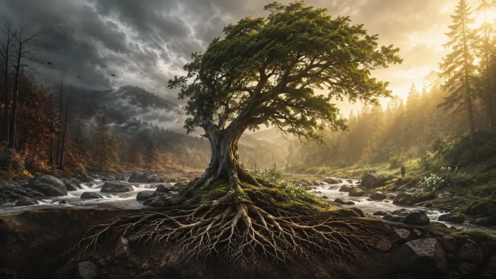emotional resilience represented by a person walking through an ancient rainforest path