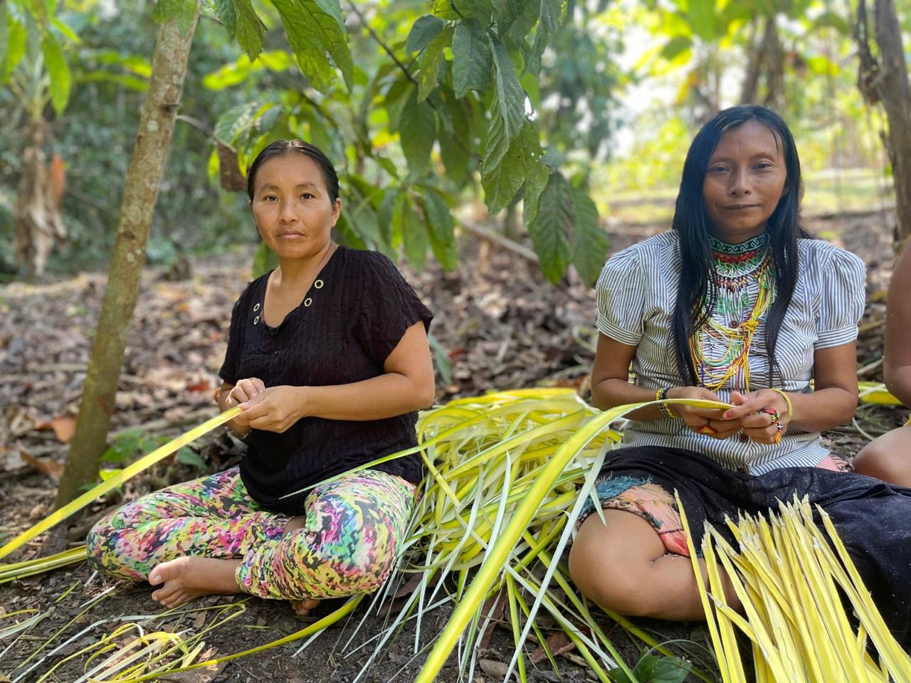 Huni Kuin women weaving palm fiber crafts in the forest, Acre Brazil