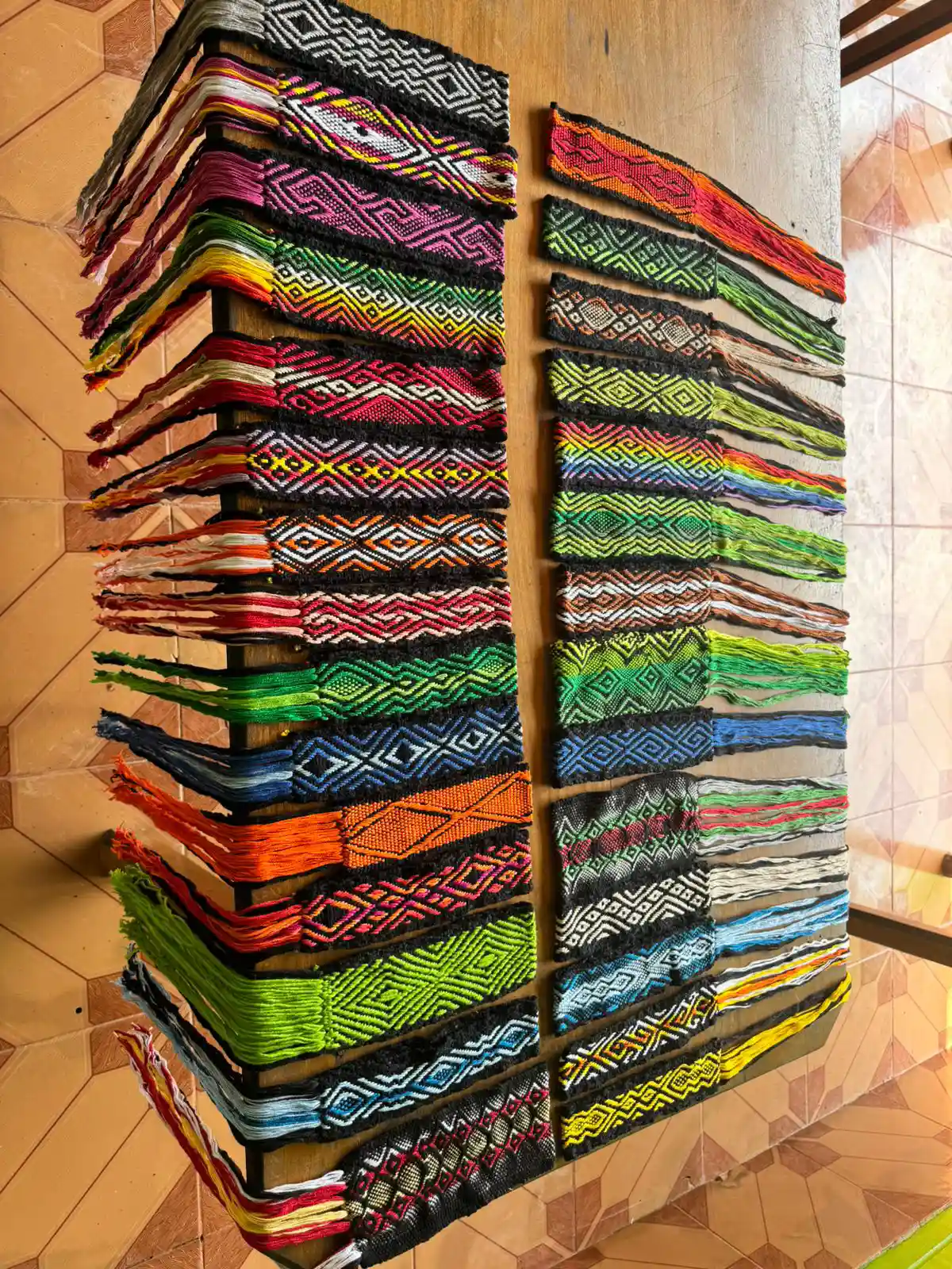 Handwoven kene pattern bands made by Huni Kuin artisans, Projeto Txai