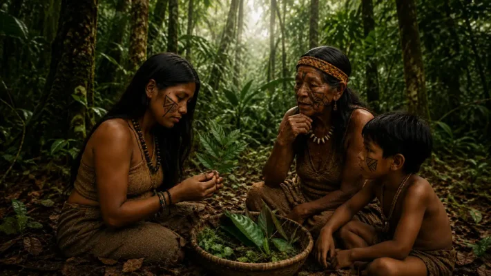 Indigenous elder teaching a younger person about plants in the Amazon rainforest