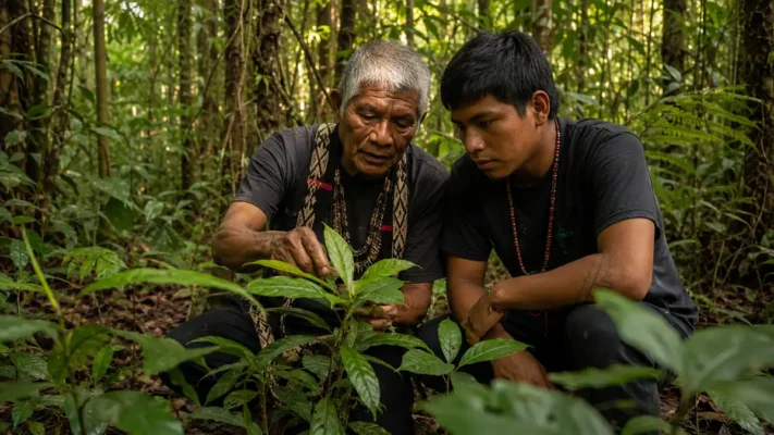 Indigenous elder teaching a younger person about plants in the Amazon rainforest