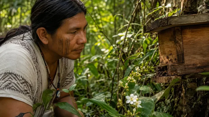Indigenous Guarani beekeeper observing native stingless bees in a Brazilian forest