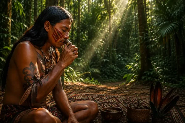 Quiet meditation space inspired by the Amazon forest with ceremonial objects arranged respectfully