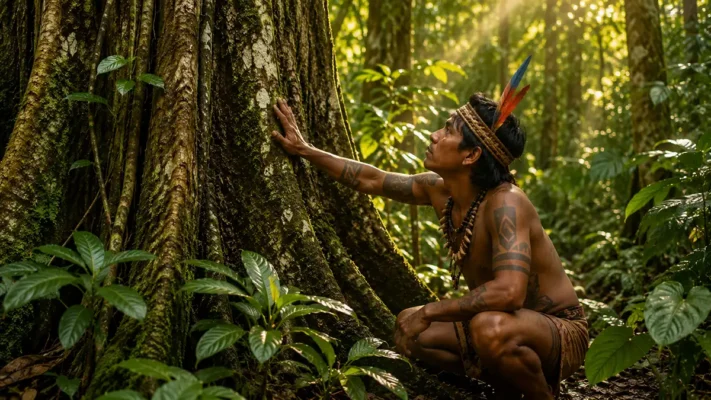 Mulateiro tree with smooth copper-colored bark growing in the Amazon rainforest