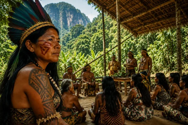 Indigenous health specialists and healthcare professionals meeting respectfully in the Brazilian Amazon