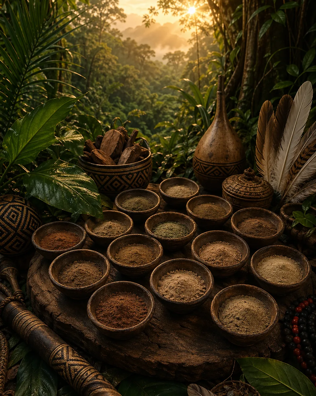 Carved wooden bowls holding rapé powders in many colours, spread on a forest slab at sunrise