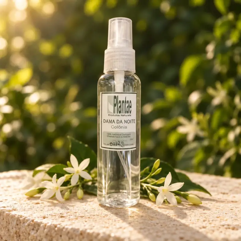 Lady of the Night cologne spray bottle with white blossoms in warm forest light