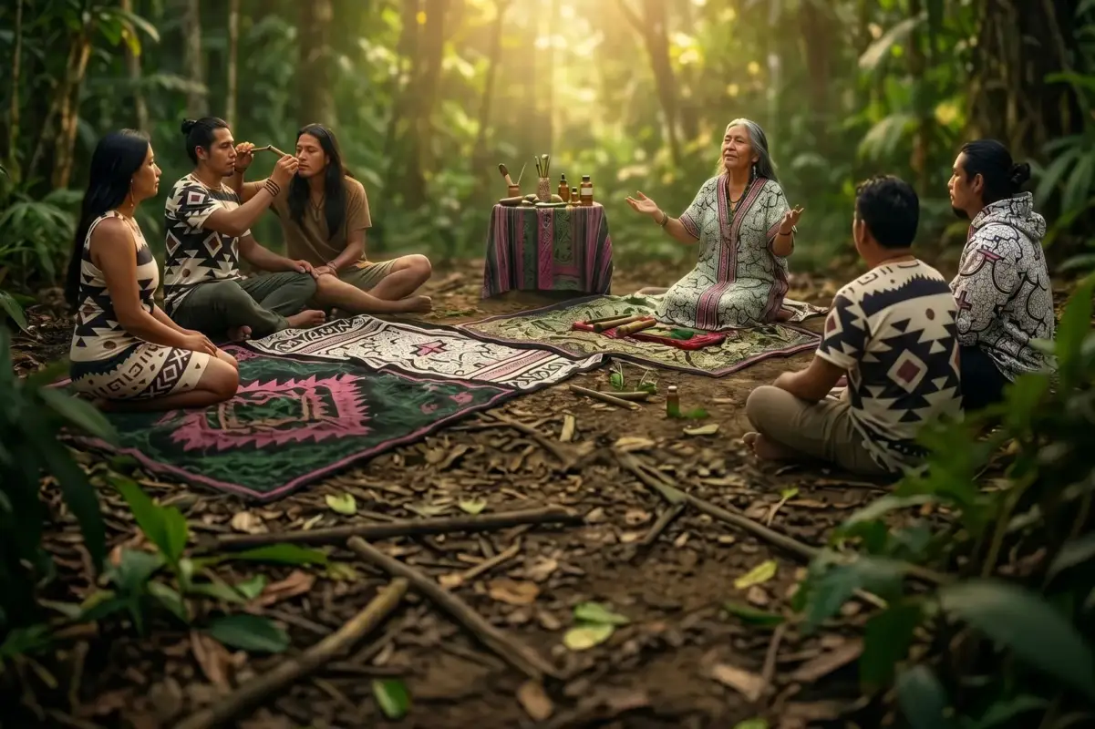 A small circle seated on woven mats in the Amazon forest while one person serves hapé (rapé) to another with a tepi