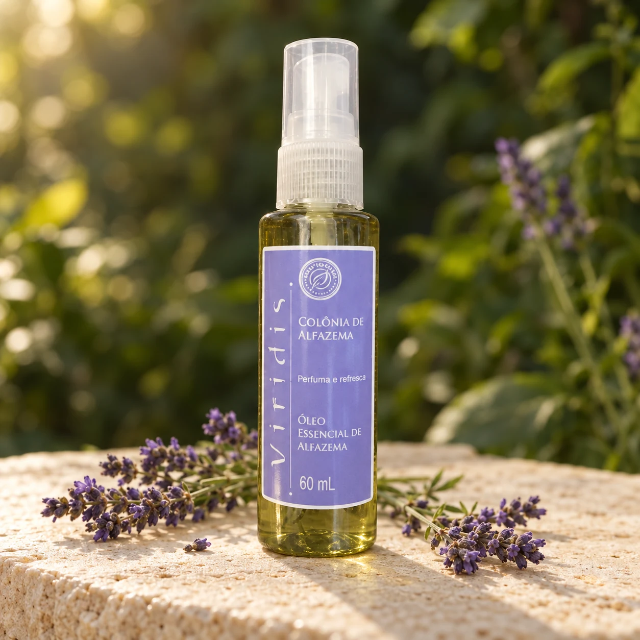 Lavender Cologne spray bottle with lavender sprigs in warm forest light