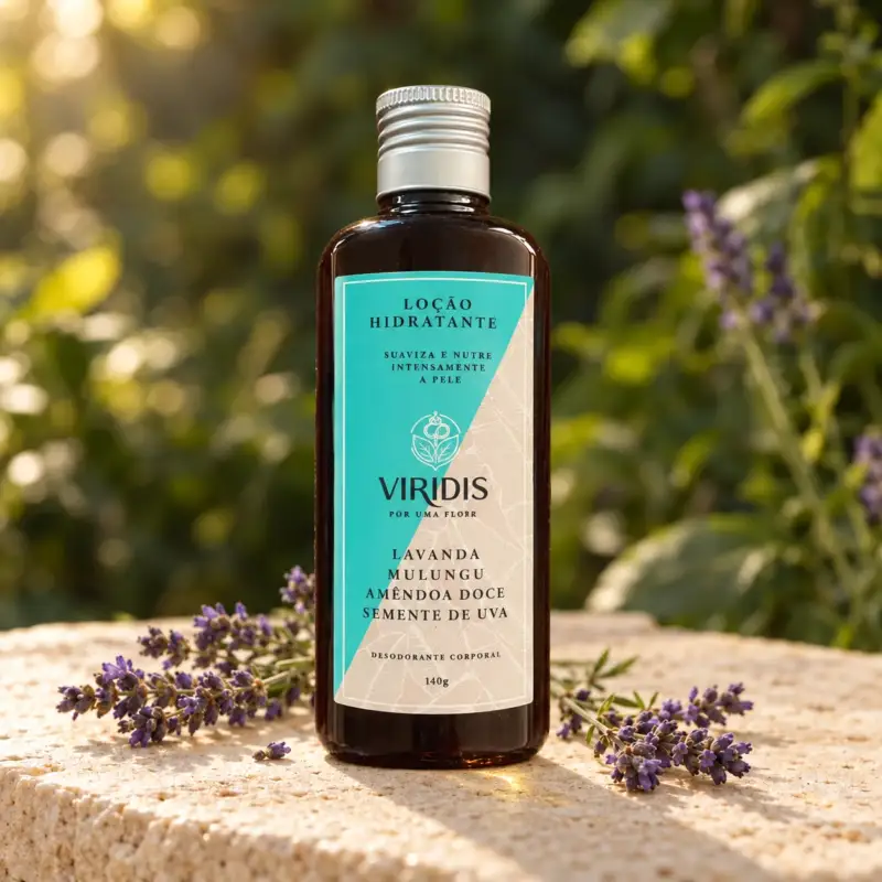 Viridis moisturizing body lotion bottle with lavender in warm forest light