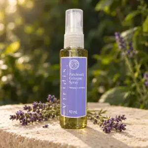 Illustrative Patchouli Cologne Spray bottle in warm forest light