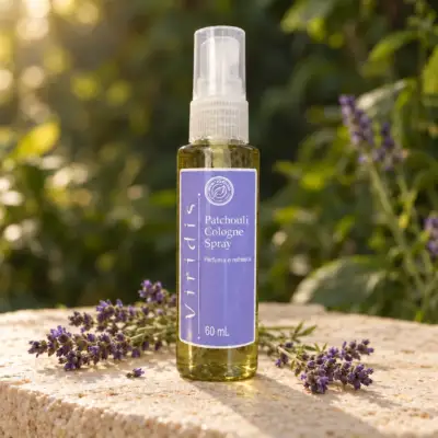 Illustrative Patchouli Cologne Spray bottle in warm forest light