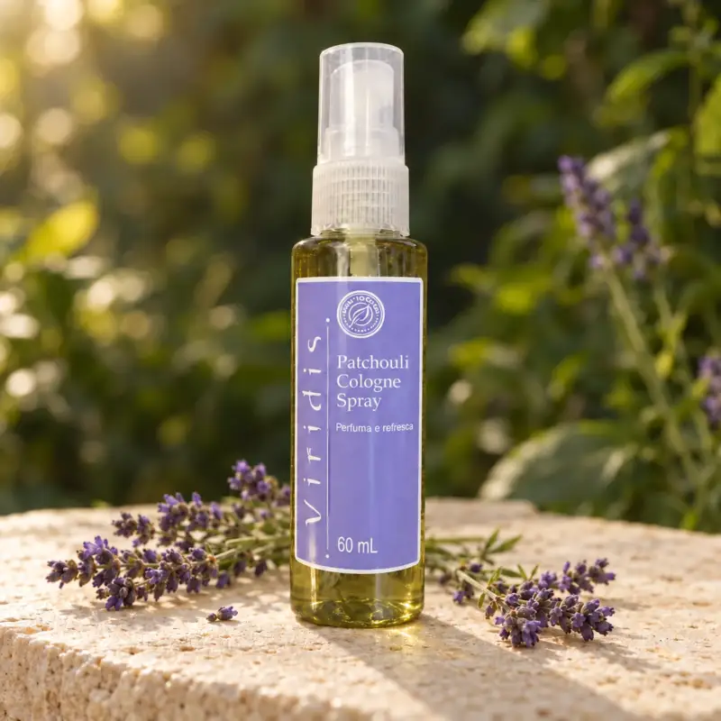 Illustrative Patchouli Cologne Spray bottle in warm forest light