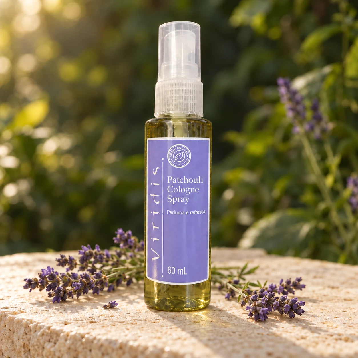 Illustrative Patchouli Cologne Spray bottle in warm forest light