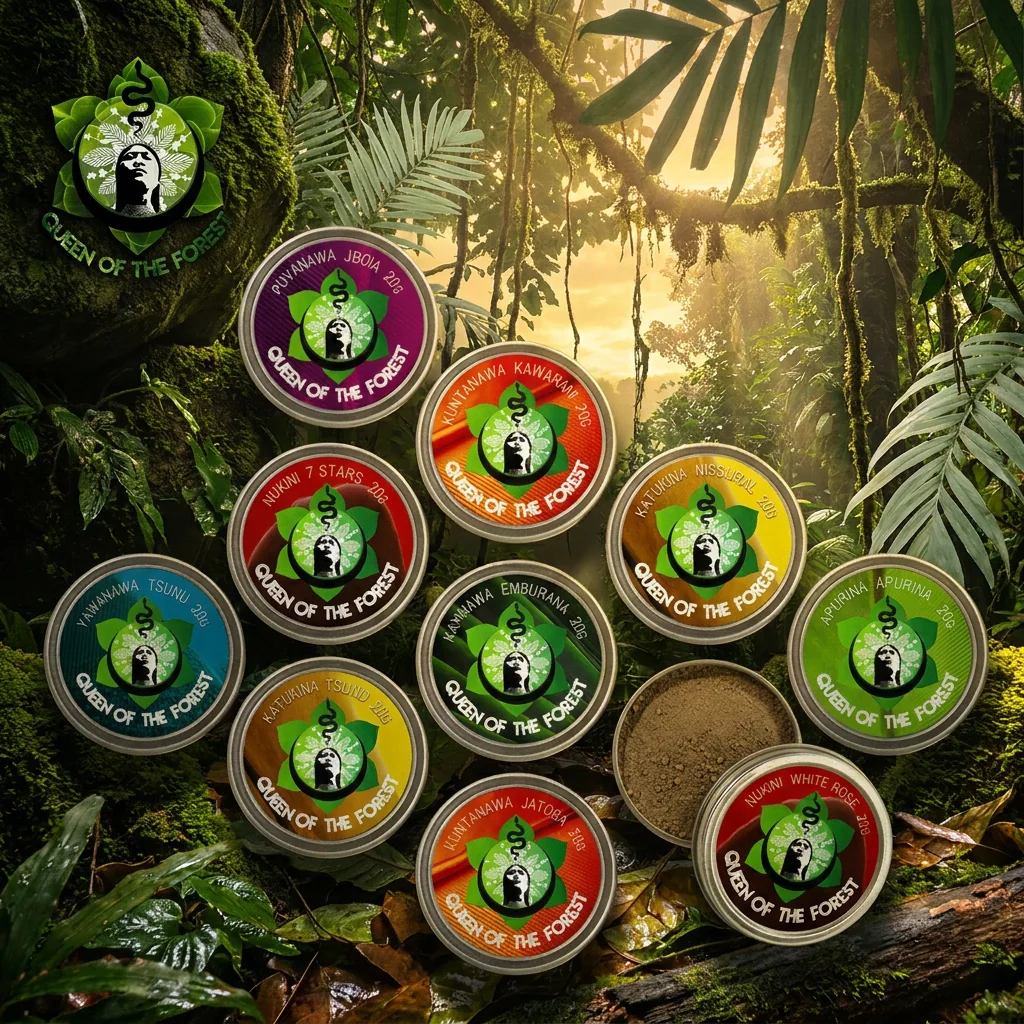 Ten tins of Queen of the Forest sacred rapé blends arranged on the jungle floor in warm forest light