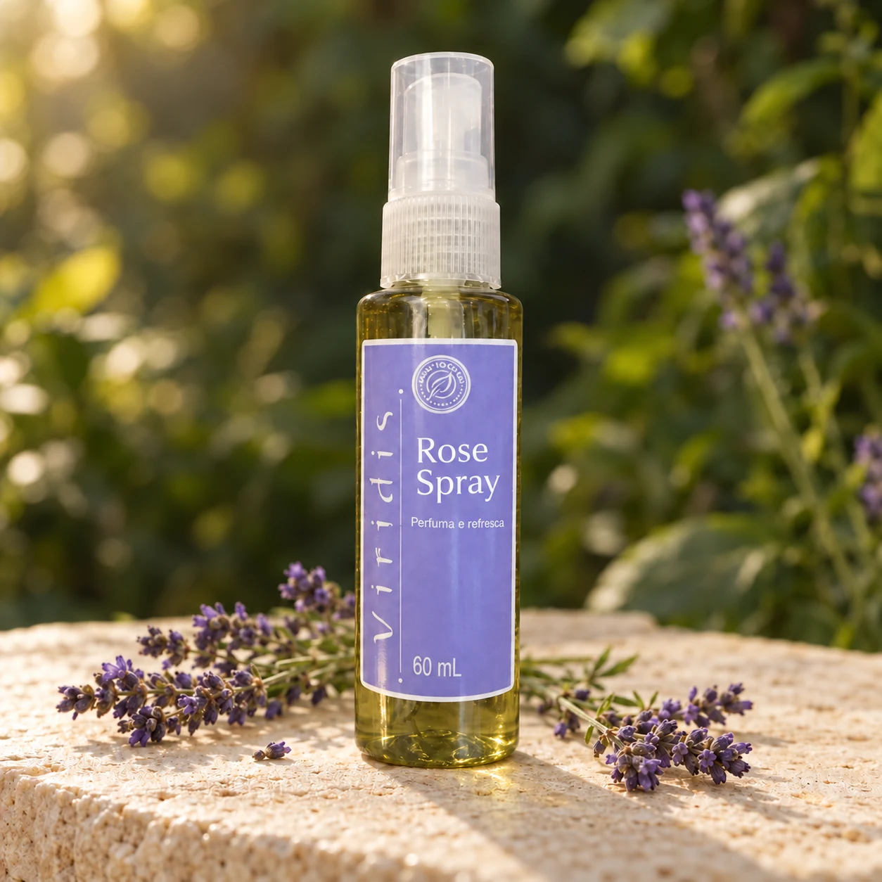 Illustrative Rose Spray bottle in warm forest light